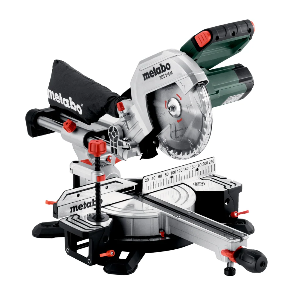 Scie à onglets radiale Metabo KGS 216 M avec lame de 216 mm, pince de serrage et rallonges de table