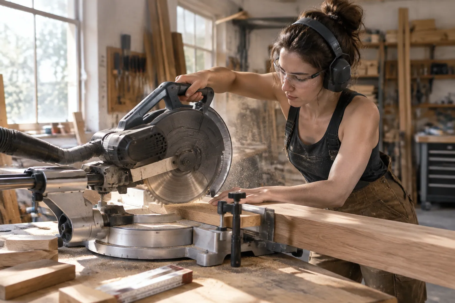 Coupe d’une planche de chêne à la scie à onglet radiale sur un établi d’atelier, sciure en suspension