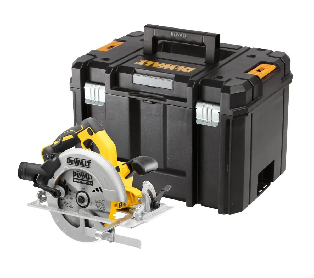 Scie circulaire sans fil DeWalt DCS570 posée devant son coffret TSTAK (version DCS570NT)