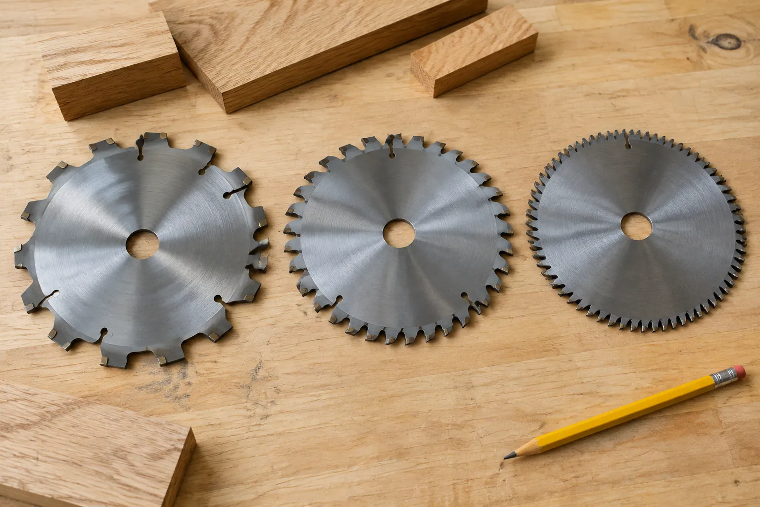 Trois lames de scie circulaire au carbure posées sur un établi, de la lame à grosses dents à la lame de finition