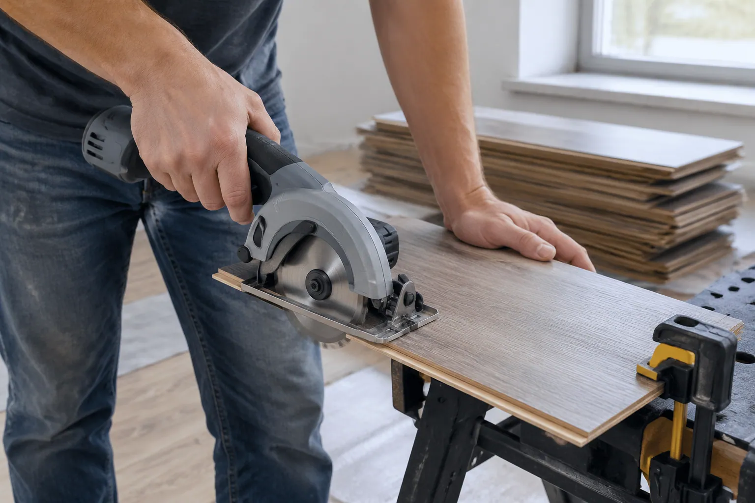 Mini scie circulaire tenue d’une main pour recouper une lame de parquet stratifié posée sur un établi