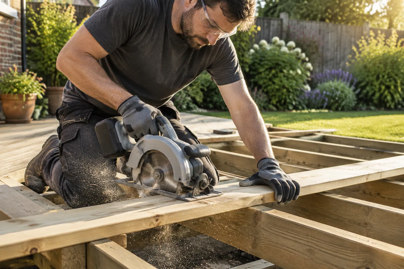 Coupe d’une lame de terrasse en bois à la scie circulaire sans fil sur un chantier extérieur, sans rallonge