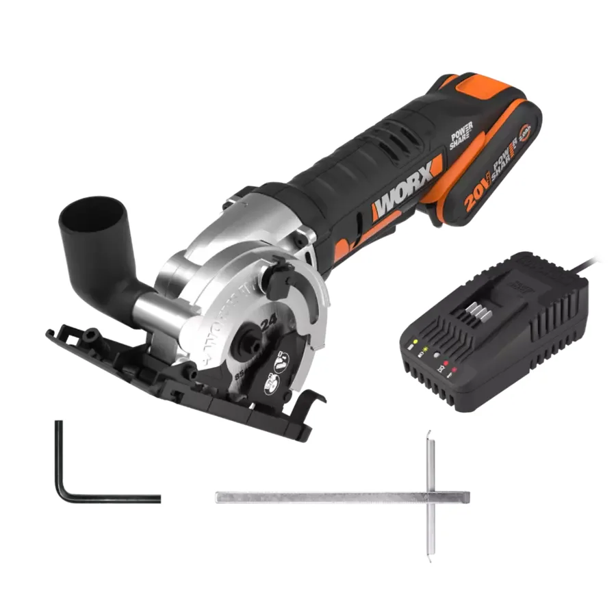 Contenu du kit Worx WX527 : mini scie avec batterie 20 V 2 Ah, chargeur, clé et guide parallèle