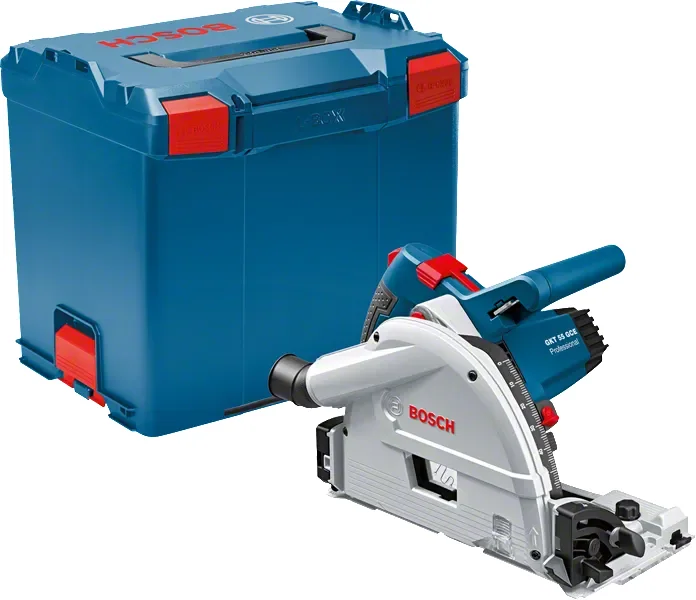 Scie plongeante Bosch GKT 55 GCE posée devant son coffret de rangement L-BOXX 374 bleu