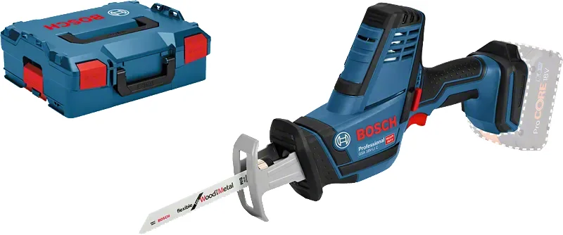 Bosch GSA 18V-LI C machine seule avec sa L-BOXX 136, son calage et trois lames de scie sabre