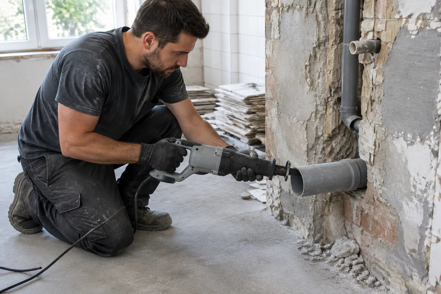Recoupe d’un tuyau d’évacuation en PVC avec une scie sabre filaire sur un chantier de rénovation de salle de bains