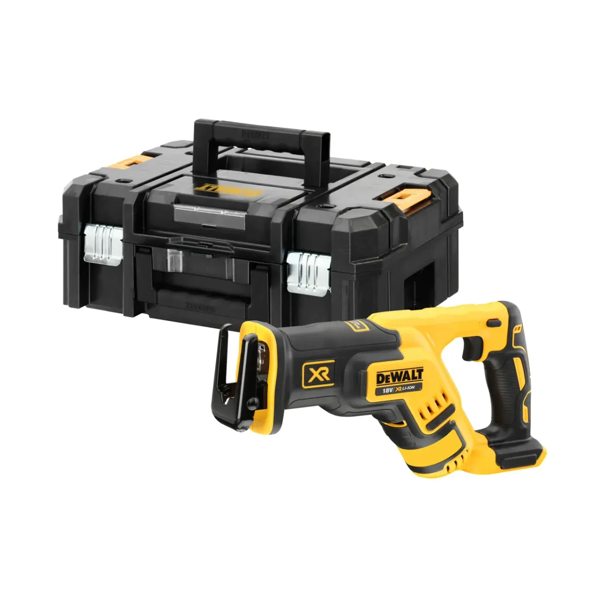 DeWalt DCS367NT : scie sabre compacte XR 18 V sans batterie posée devant son coffret TSTAK