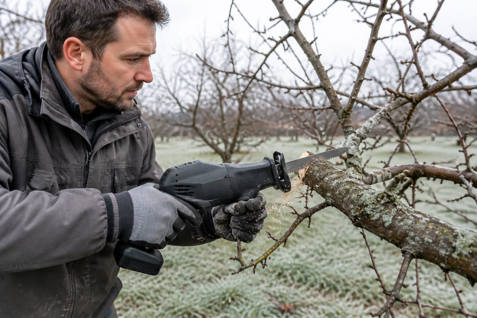 Élagage d’une branche de pommier avec une scie sabre compacte sans fil tenue d’une main au jardin