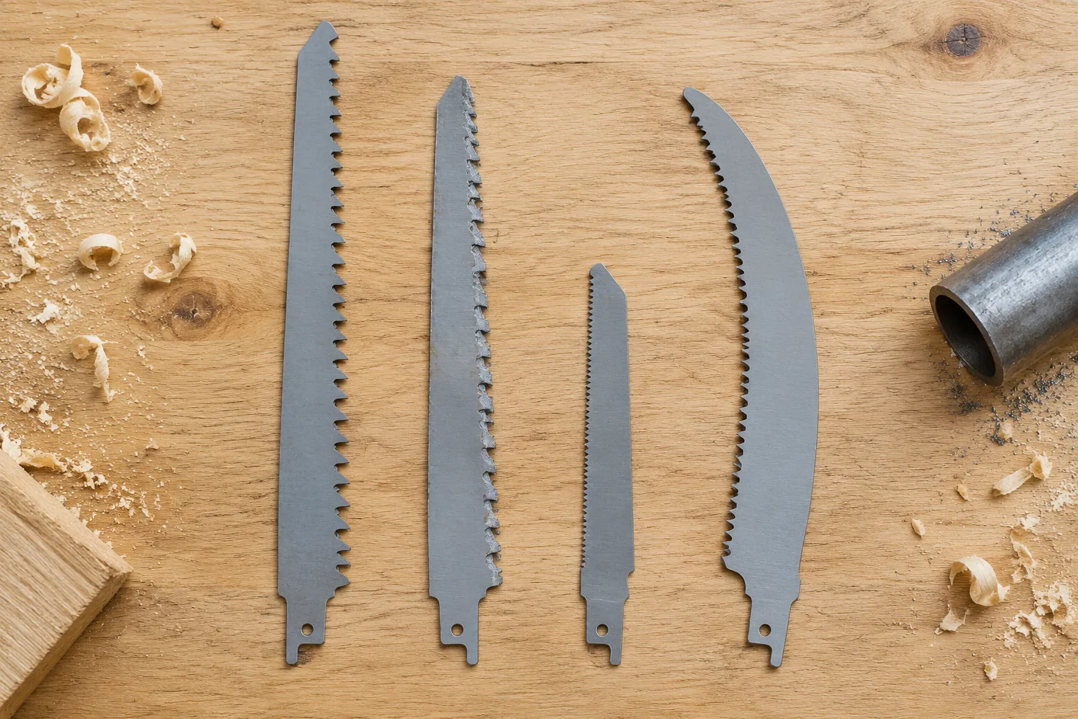 Quatre lames de scie sabre posées sur un établi : bois grosse denture, bois clouté, métal fine denture et élagage