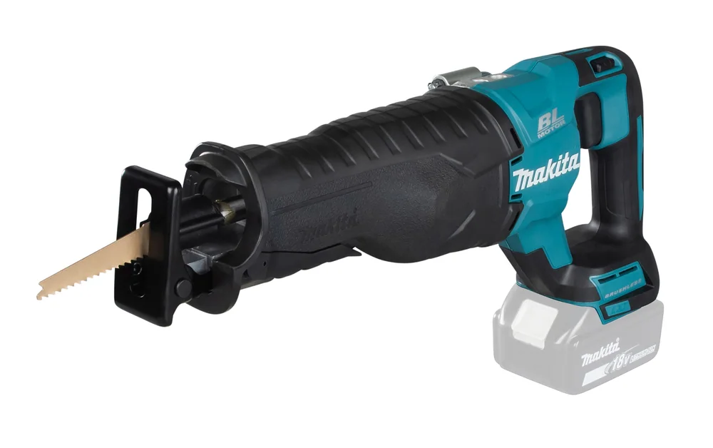 Scie sabre sans fil brushless Makita DJR187 vue de profil avec sa batterie 18 V LXT et sa lame à bois