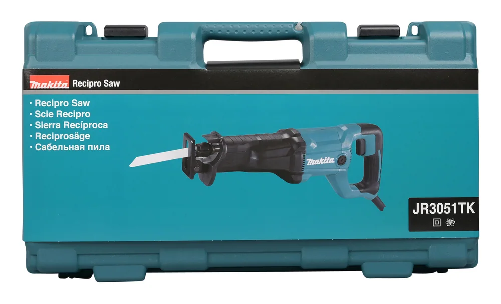 Coffret de transport en plastique de la scie sabre filaire Makita JR3051TK, fermé, vu de face