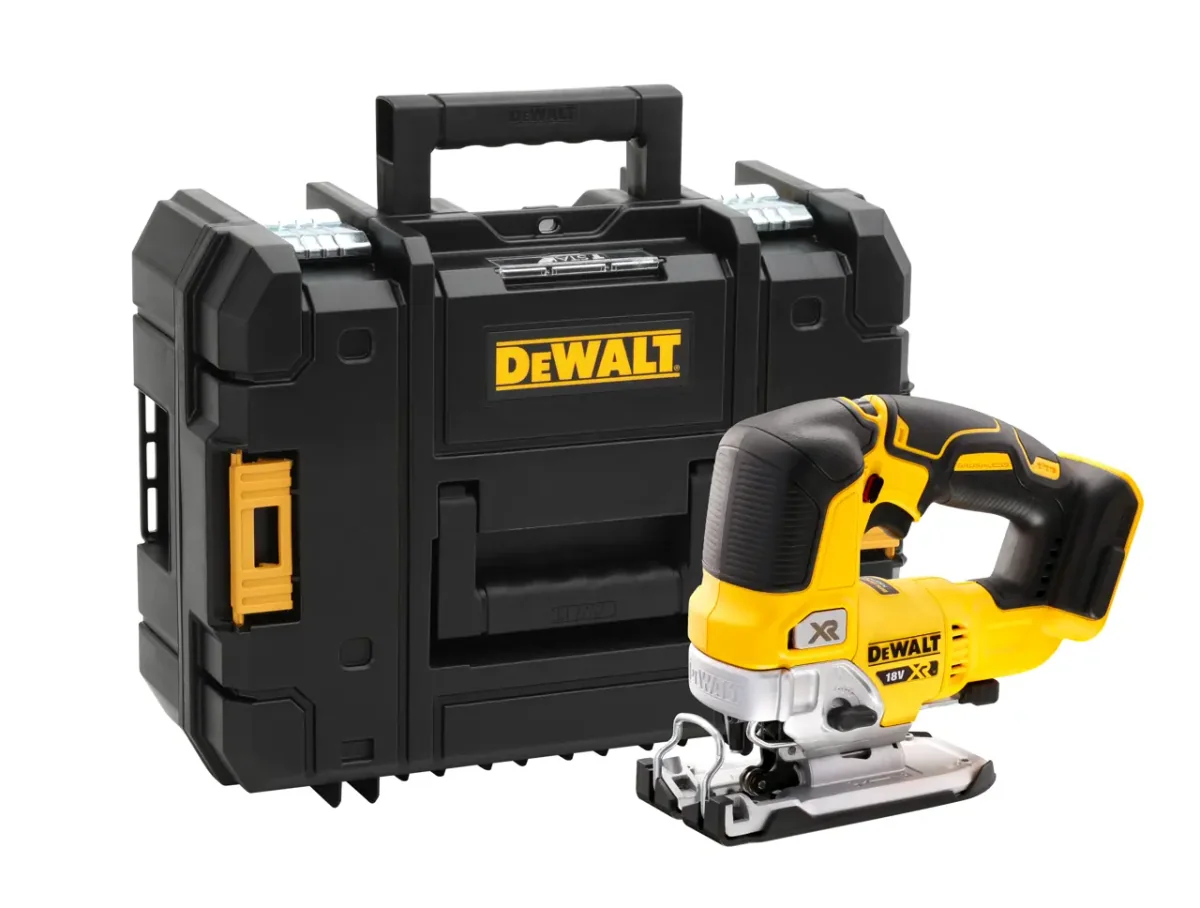 Scie sauteuse DeWalt DCS334 posée devant son coffret de transport TSTAK noir, version machine seule en coffret