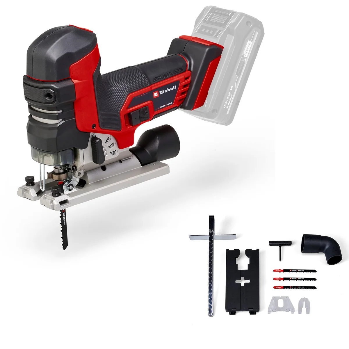 Scie sauteuse Einhell TP-JST 18/135 Li BL à poignée en T avec sa butée parallèle, ses lames bois et son adaptateur d’aspiration