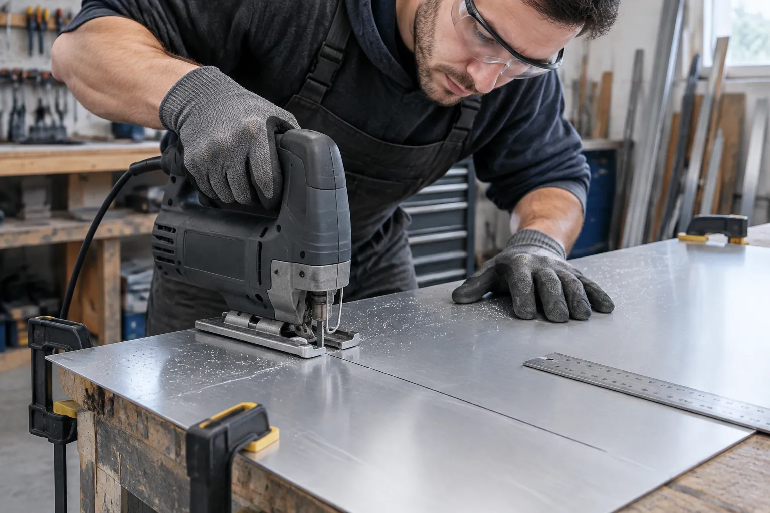 Découpe d’une fine tôle d’aluminium à la scie sauteuse avec une lame métal à denture fine, tôle serrée sur un établi