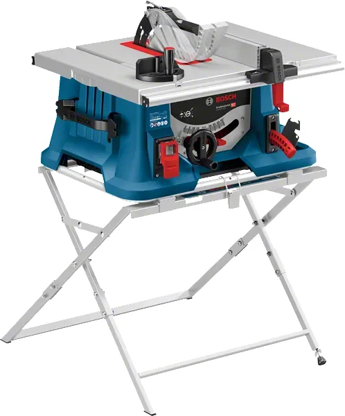 Scie sur table Bosch GTS 635-216 posée sur son support pliant GTA 560, pieds en X dépliés