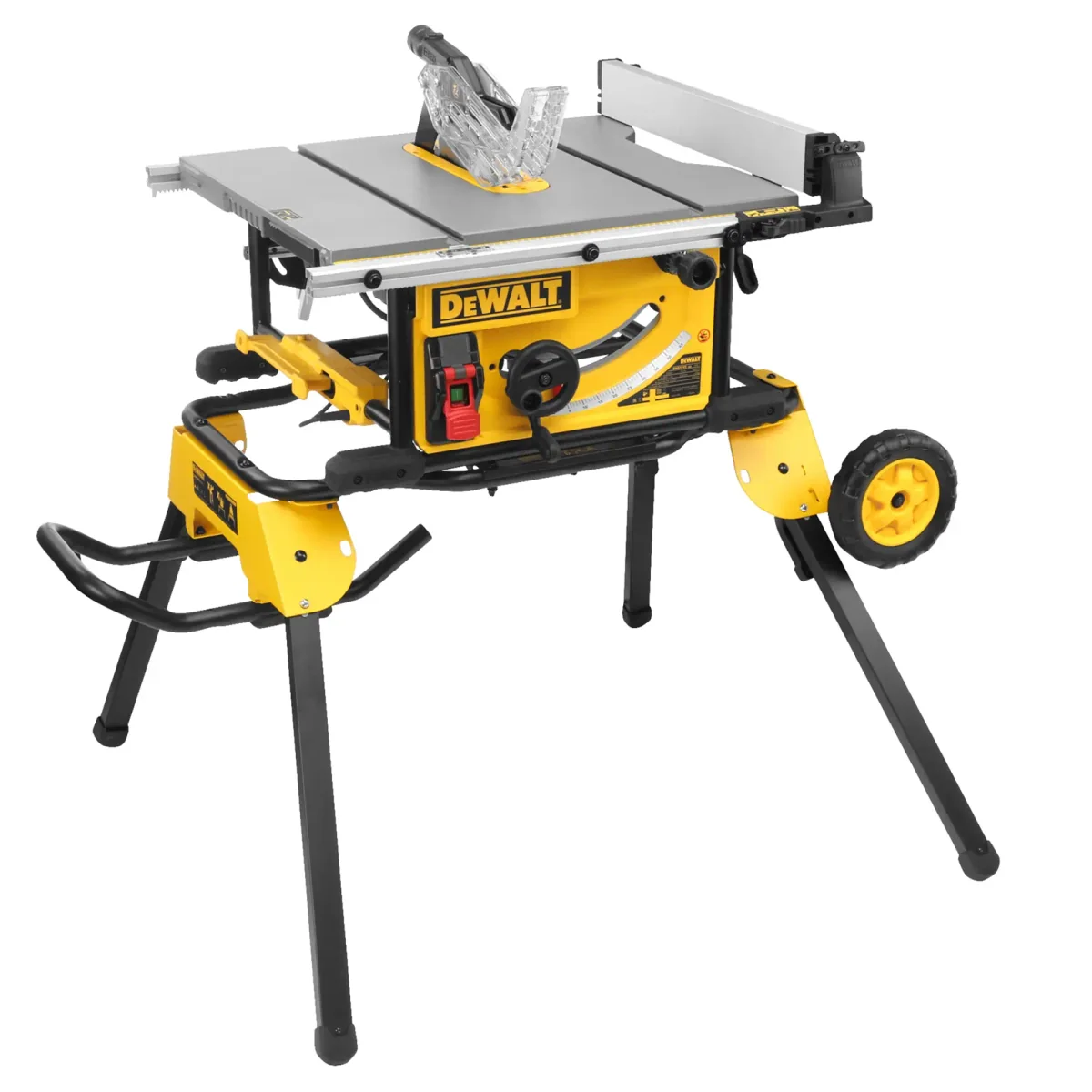 Scie sur table DeWalt DWE7492 montée sur son piètement roulant DWE74911 déplié, roues à l’arrière