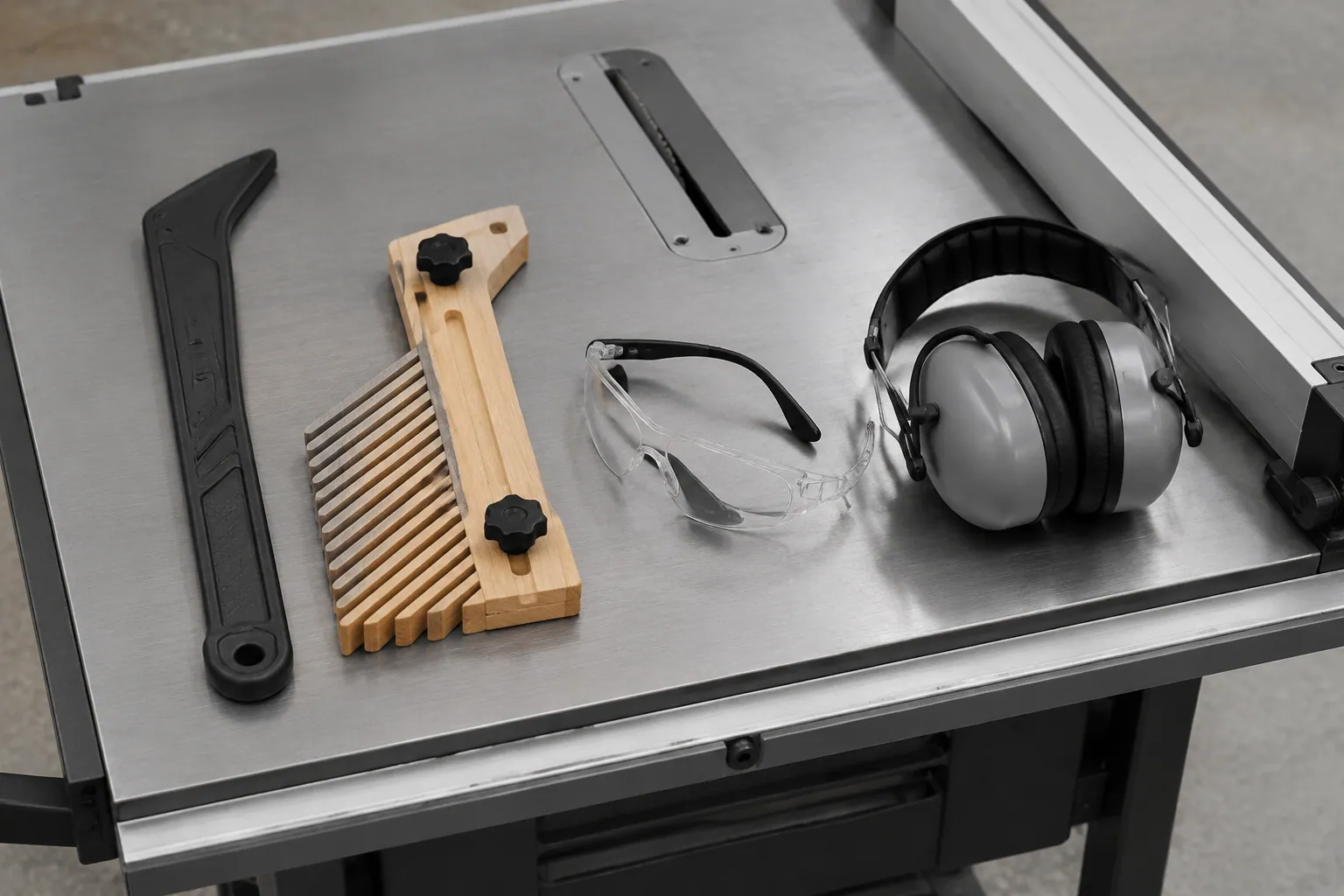 Poussoir, peigne presseur, lunettes et casque antibruit posés sur le plateau d’une scie sur table à l’arrêt