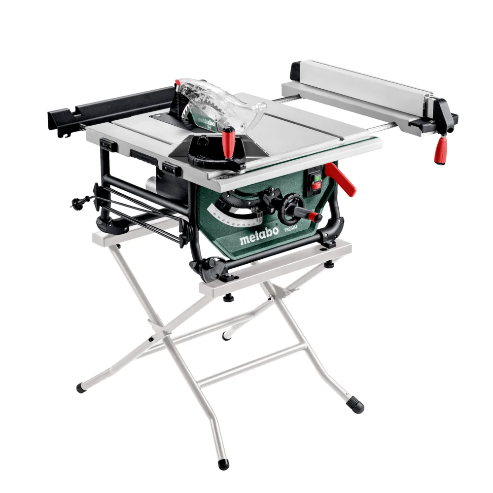 Scie circulaire de table Metabo TS 254 M montée sur le socle pliant TSU, pieds déployés