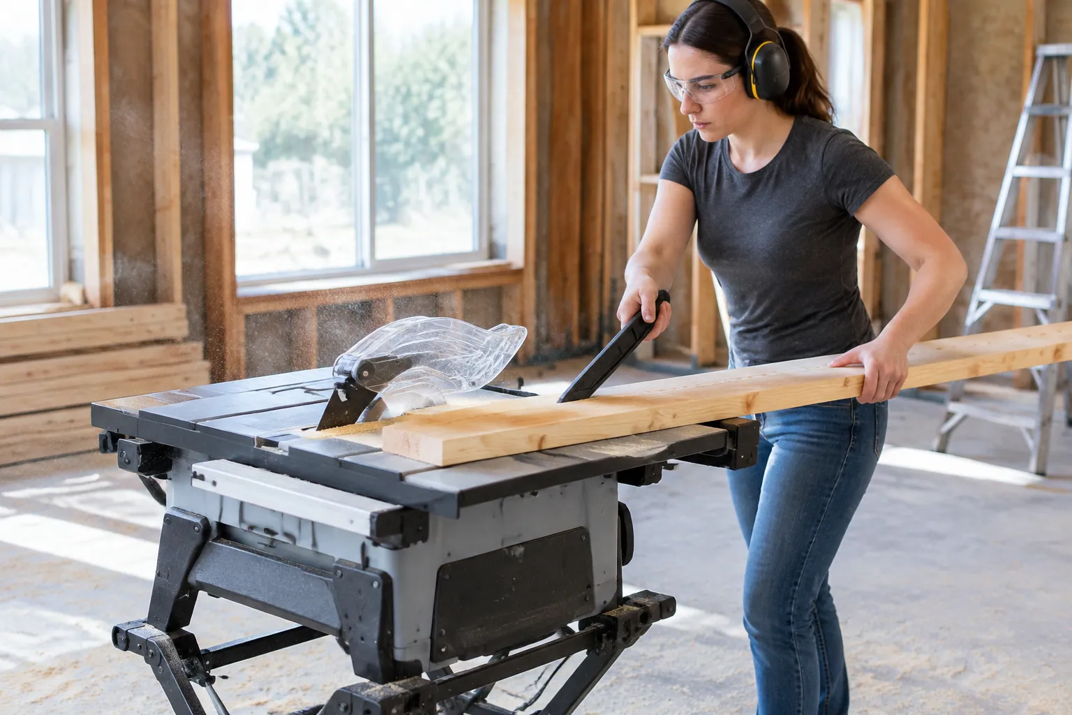 Refend d’une planche sur une scie sur table de chantier, protège-lame en place et poussoir en main, loin de la lame