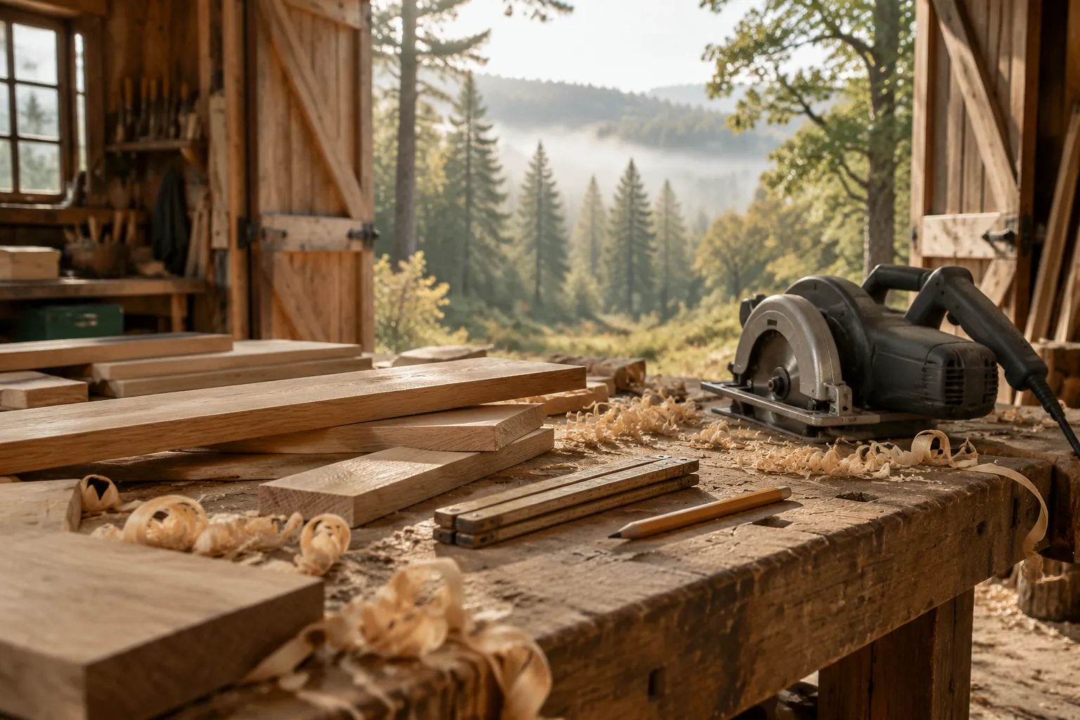 Établi en bois dans un atelier ouvert sur la forêt, planches de chêne et scie posée à côté de copeaux