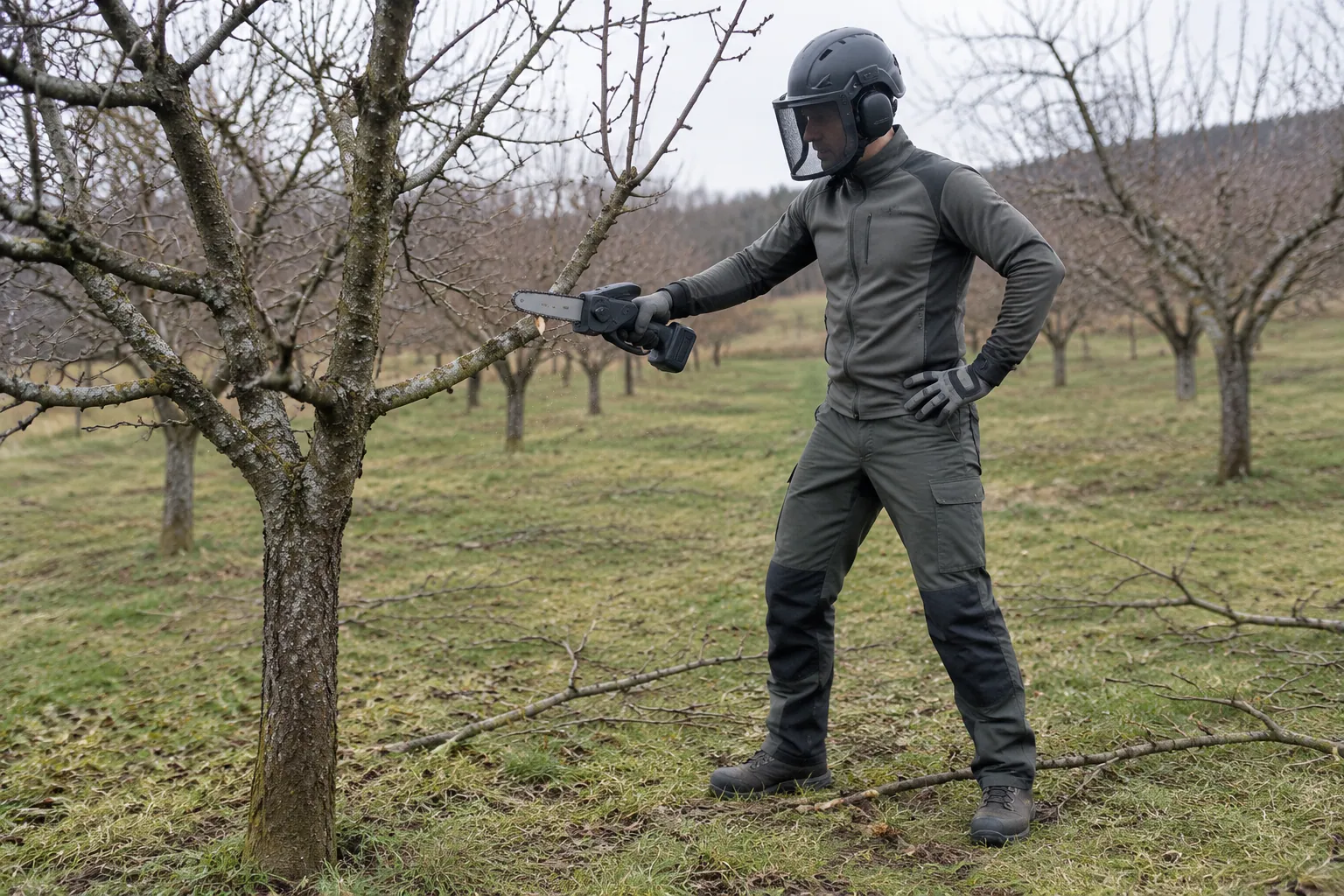 Taille d’une branche de pommier à hauteur de poitrine avec une mini-tronçonneuse sans fil, autre main éloignée de la coupe