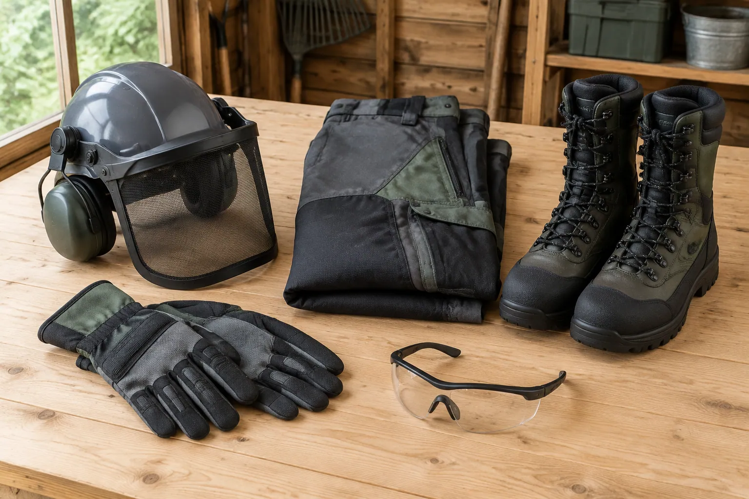 Équipement de protection pour tronçonneuse posé sur un établi : casque à visière, gants, pantalon anti-coupure et bottes