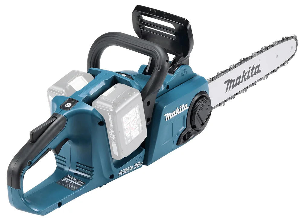 Tronçonneuse sans fil Makita DUC353 vue de trois quarts avec guide de 35 cm et deux batteries 18 V LXT en place