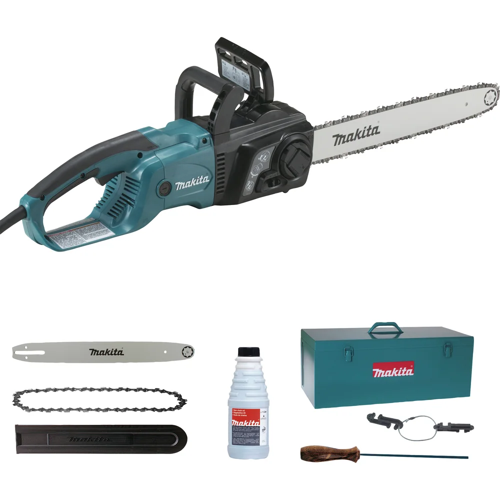 Makita UC4051AK : tronçonneuse filaire 40 cm avec guide, chaîne, huile, lime et coffret métallique de rangement