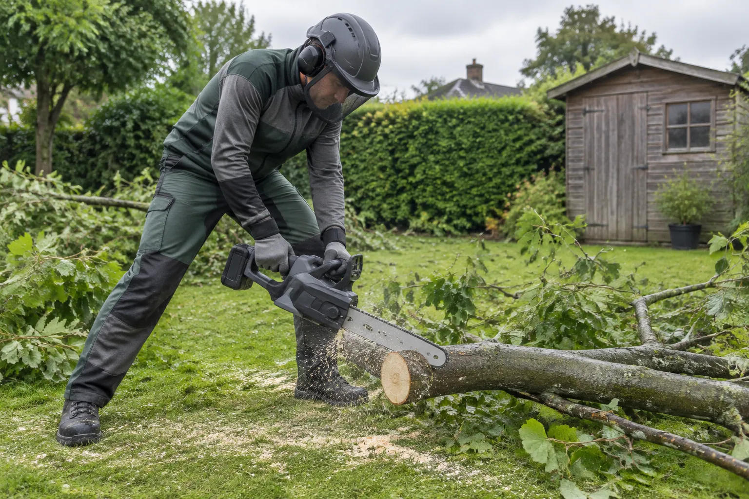 Coupe d’une grosse branche tombée au sol avec une tronçonneuse sans fil tenue à deux mains dans un jardin
