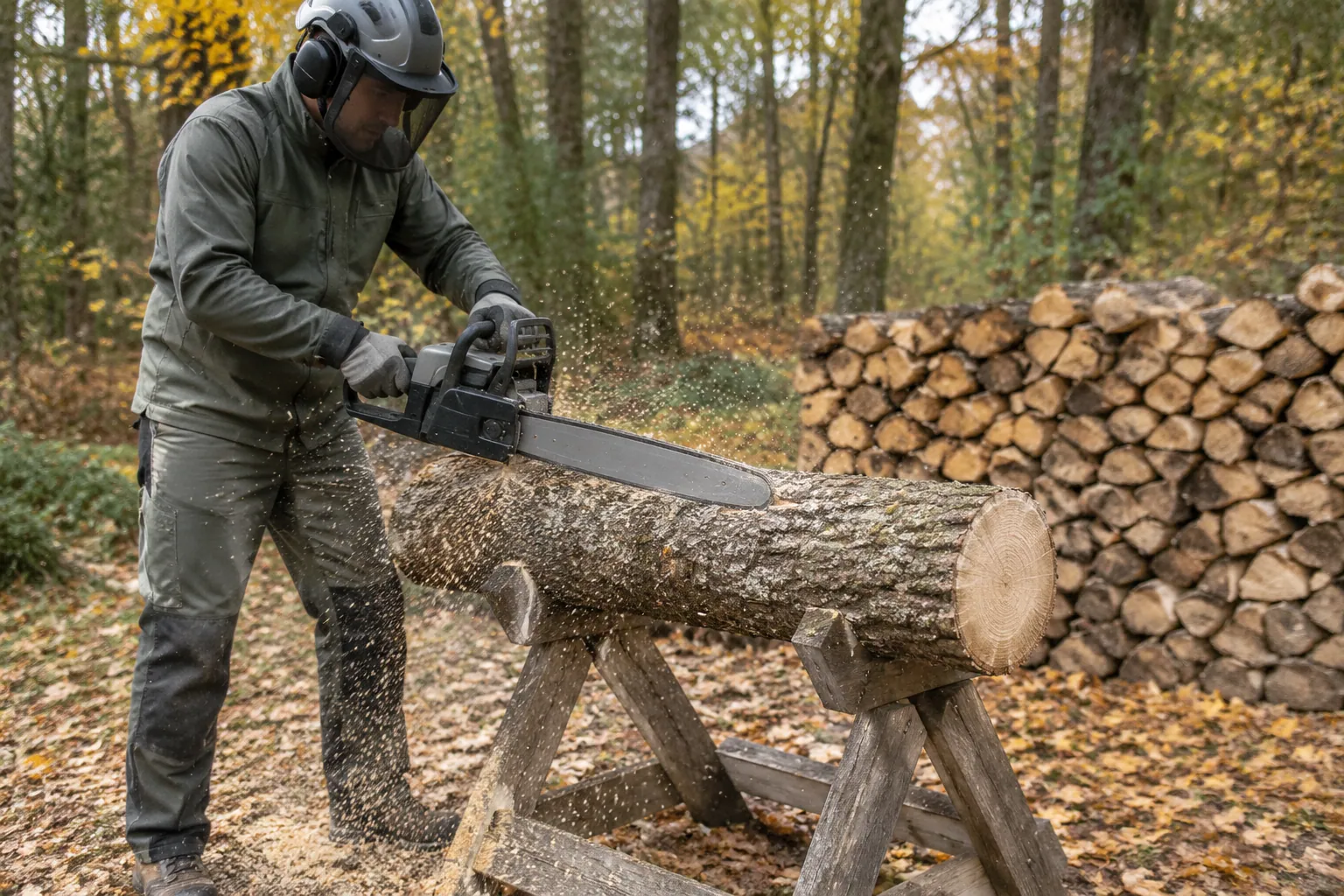 Personne équipée d’un casque à visière et d’un pantalon anti-coupure qui débite une bûche sur un chevalet avec une tronçonneuse