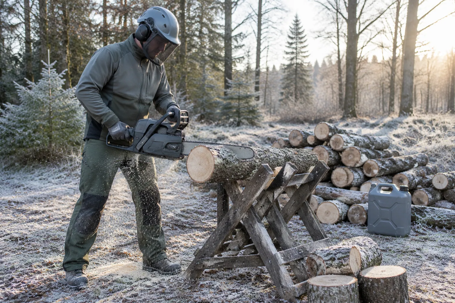 Débit de rondins de bois de chauffage avec une tronçonneuse thermique dans une clairière en hiver, utilisateur équipé